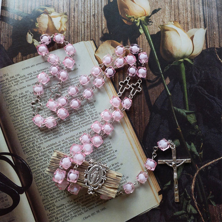 Christianartworkshop Rosario con Medalla Milagrosa y Crucifijo de 8 mm de diámetro, de cadena de aleación acrílica rosa. - 🔥3 PIEZAS - image 0
