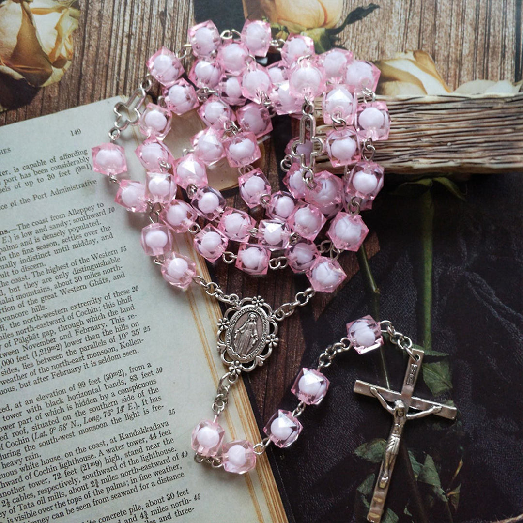 Christianartworkshop Rosario con Medalla Milagrosa y Crucifijo de 8 mm de diámetro, de cadena de aleación acrílica rosa. - image 1