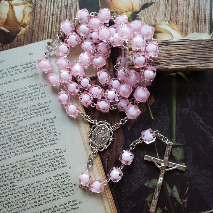 Christianartworkshop Rosario con Medalla Milagrosa y Crucifijo de 8 mm de diámetro, de cadena de aleación acrílica rosa. - image 1