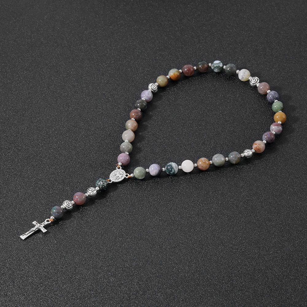 Christianartworkshop Rosario con medalla milagrosa y crucifijo de piedra redonda multicolor de 8 mm y cordón de nailon. - ágata india - image 0