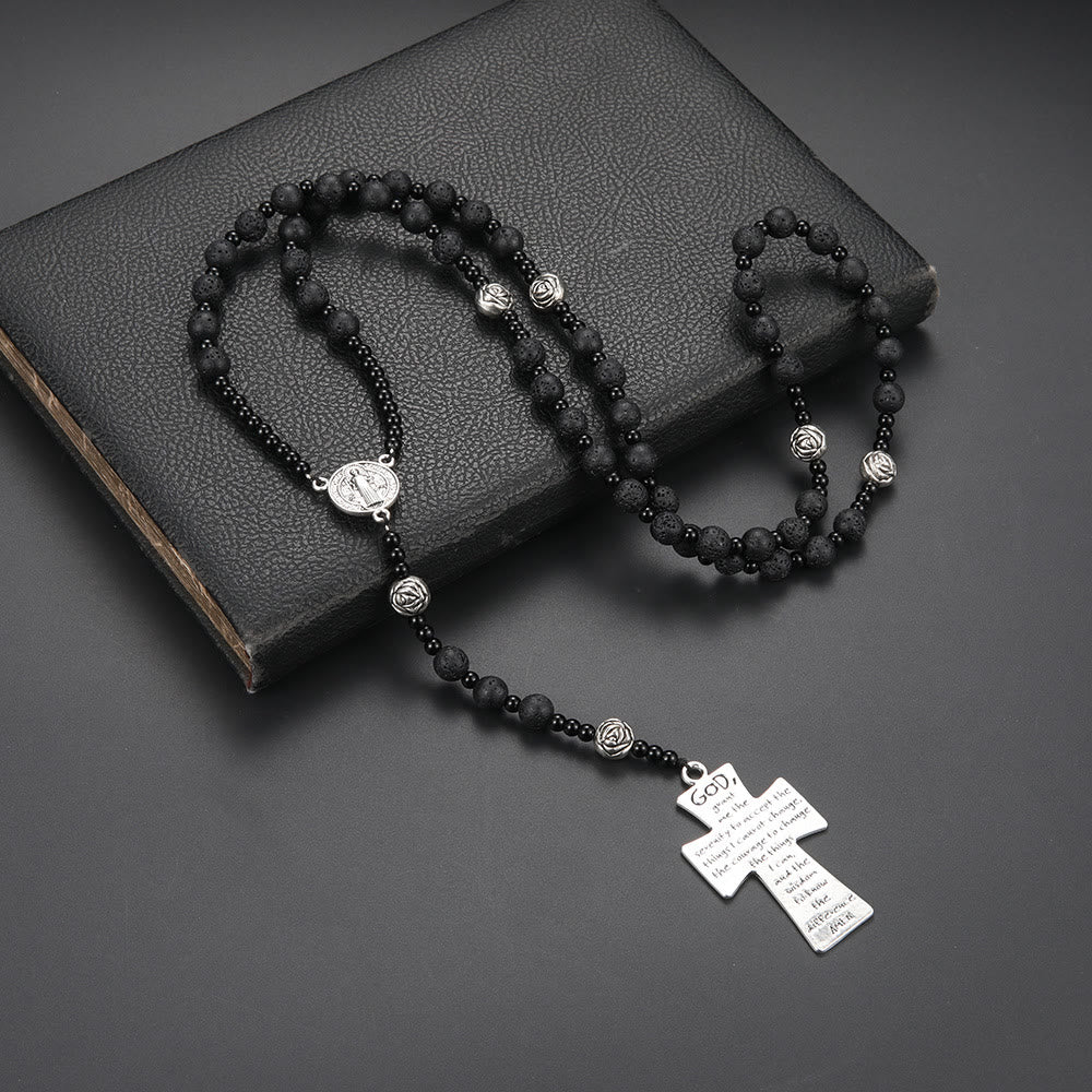 Christianartworkshop Rosario con medalla y cruz de San Benito, de piedra volcánica negra redonda de 8 mm y cordón de nailon. - Negro - image 0