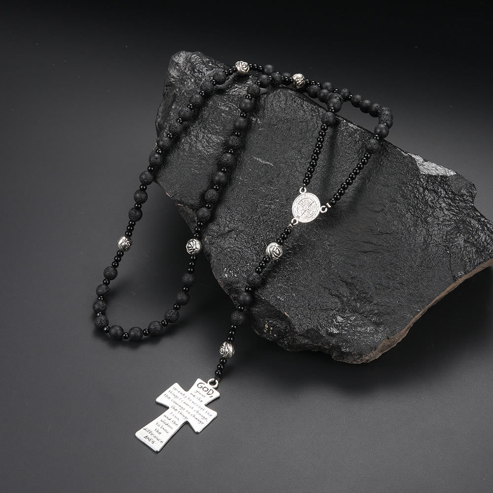 Christianartworkshop Rosario con medalla y cruz de San Benito, de piedra volcánica negra redonda de 8 mm y cordón de nailon. - image 1
