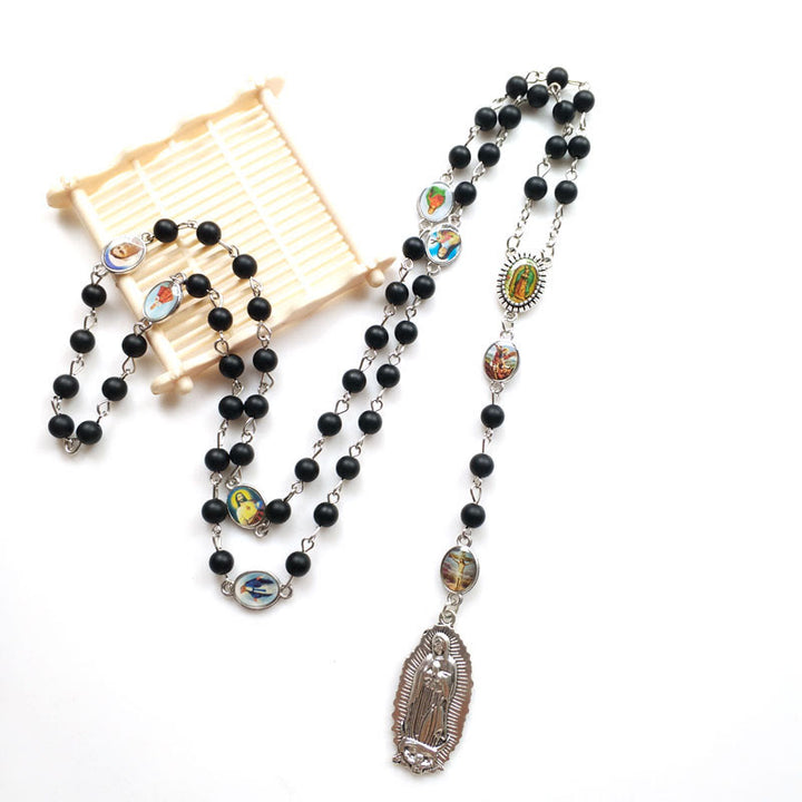 Christianartworkshop Rosario de Nuestra Señora de Guadalupe de ágata negra redonda de 6 mm con cadena de aleación - Negro - image 0