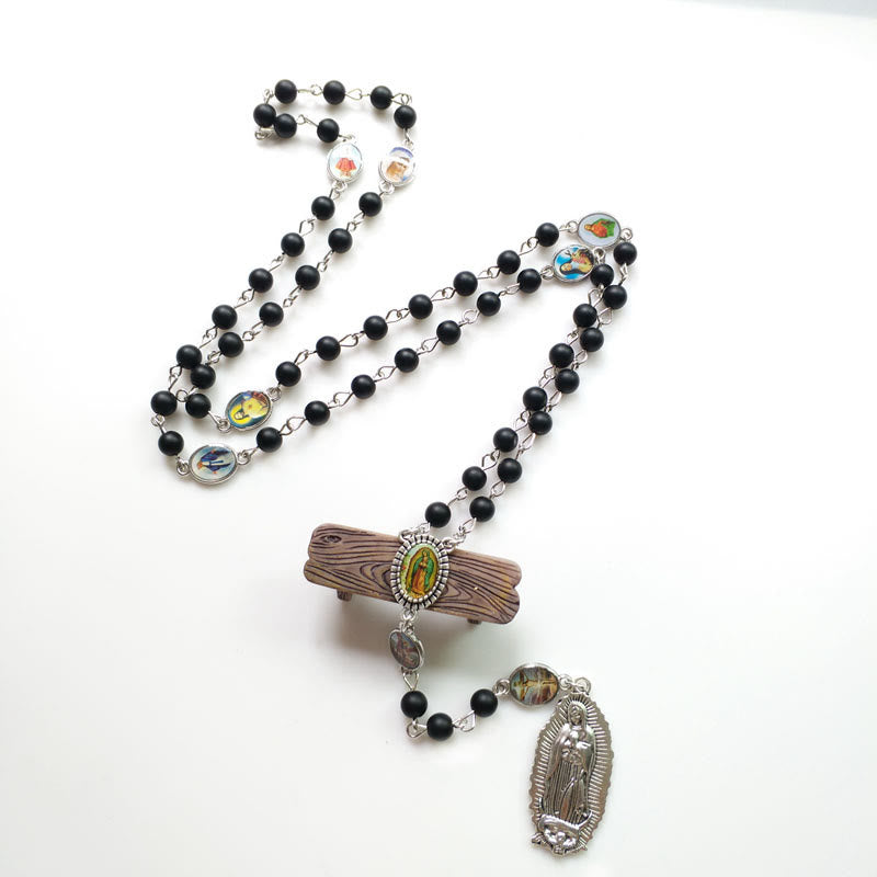 Christianartworkshop Rosario de Nuestra Señora de Guadalupe de ágata negra redonda de 6 mm con cadena de aleación - image 3