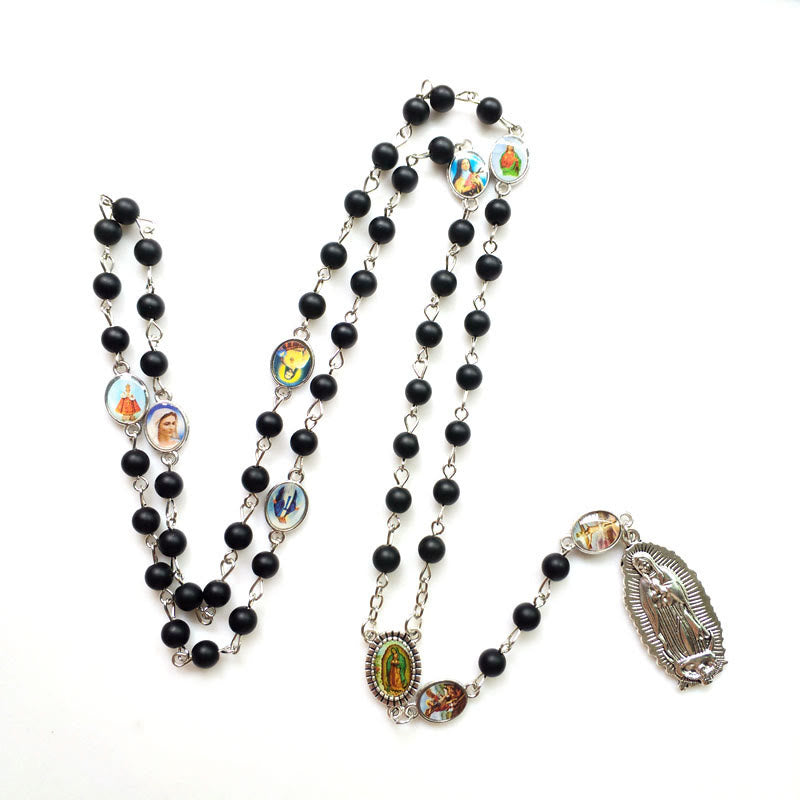 Christianartworkshop Rosario de Nuestra Señora de Guadalupe de ágata negra redonda de 6 mm con cadena de aleación - image 1