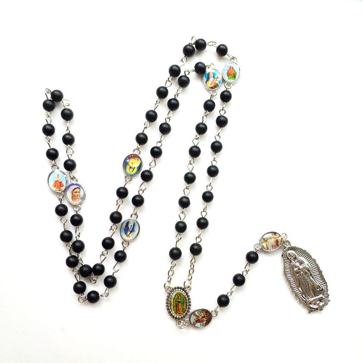 Christianartworkshop Rosario de Nuestra Señora de Guadalupe de ágata negra redonda de 6 mm con cadena de aleación - image 1