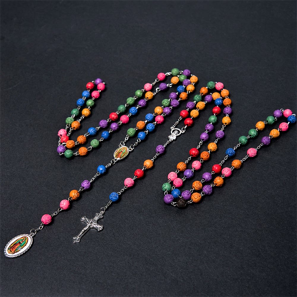 Christianartworkshop Rosario con cadena de resina multicolor de 8 mm de Nuestra Señora de Guadalupe y crucifijo. - image 1