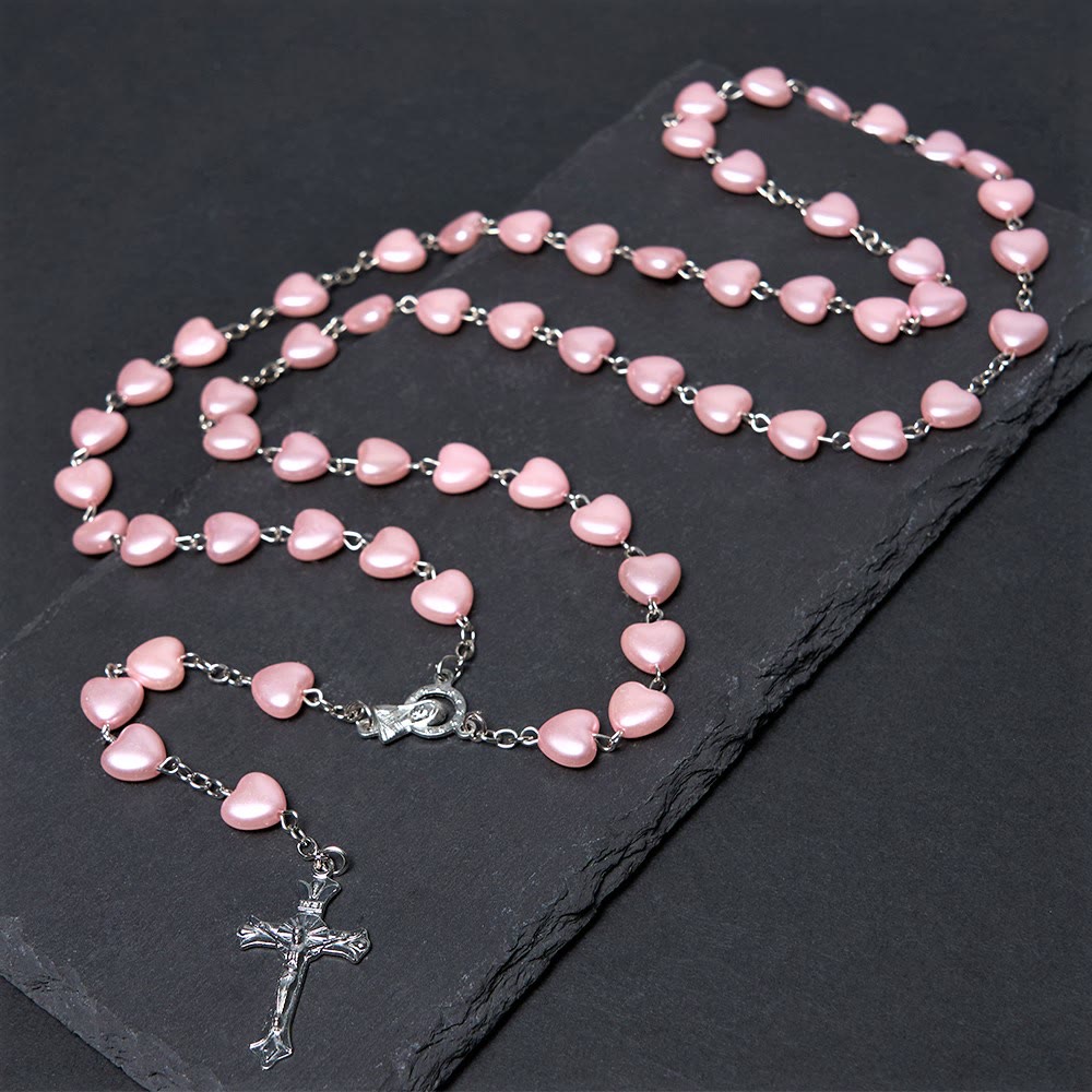 Christianartworkshop Rosario con cadena de aleación acrílica rosa y crucifijo de Nuestra Señora de Fátima de 10 mm en forma de corazón. - Rosa - image 0