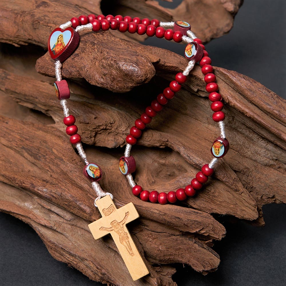 Rosario de mano con cuentas de madera color rojo vino de arte cristiano, Virgen María. - Virgen María - image 0
