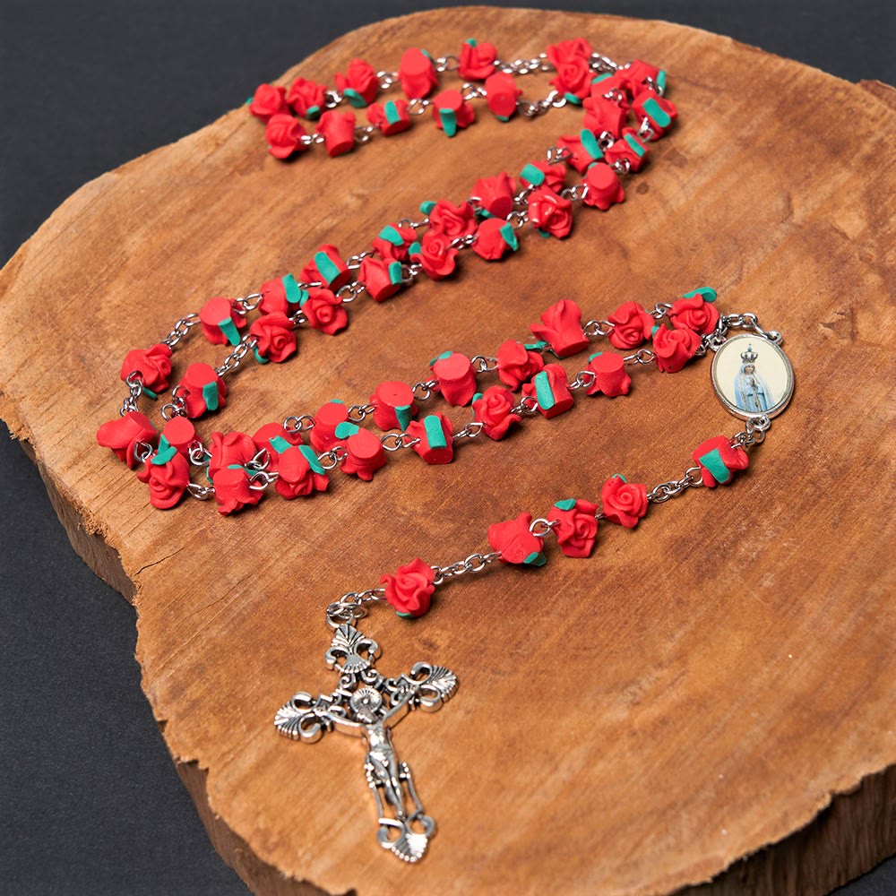 Rosario cristiano con cuentas en forma de rosa y oración a la Virgen María - Rojo - image 0