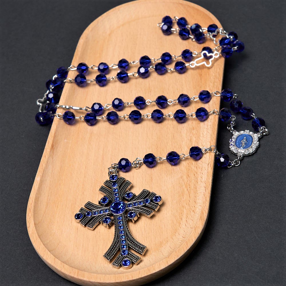 Christianartworkshop Rosario con medalla milagrosa y cruz de poliedro de 8 mm, cadena de aleación de cristal azul. - image 10