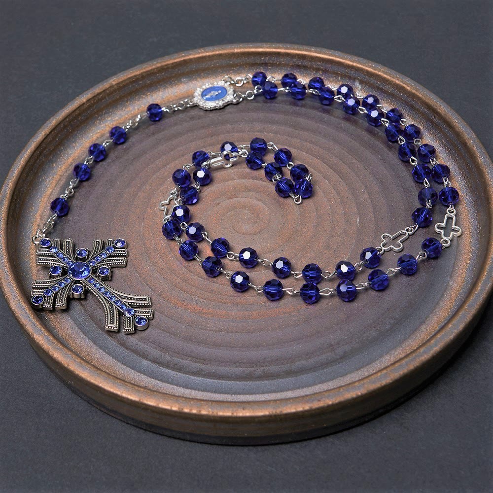 Christianartworkshop Rosario con medalla milagrosa y cruz de poliedro de 8 mm, cadena de aleación de cristal azul. - image 11