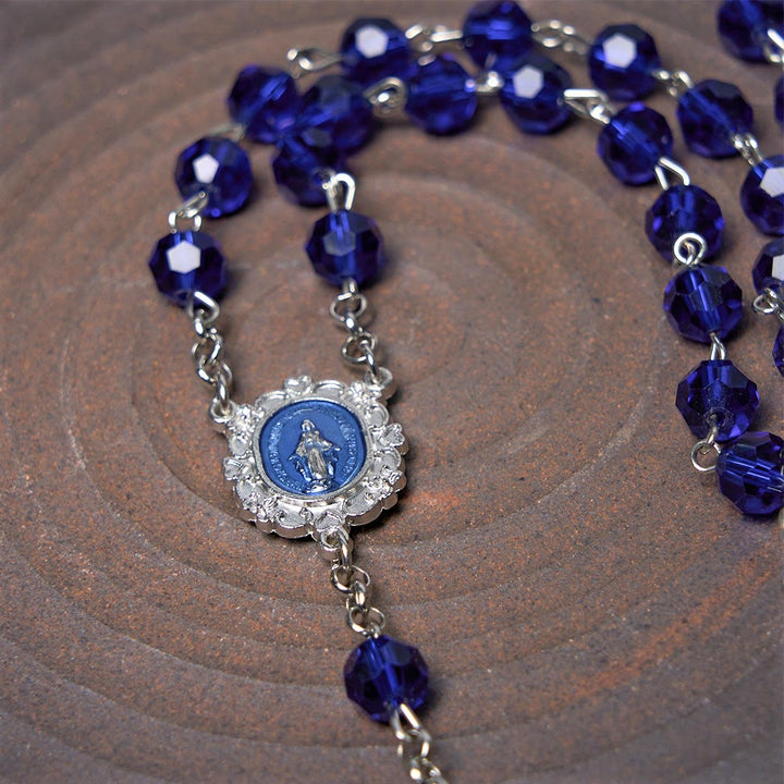 Christianartworkshop Rosario con medalla milagrosa y cruz de poliedro de 8 mm, cadena de aleación de cristal azul. - image 13