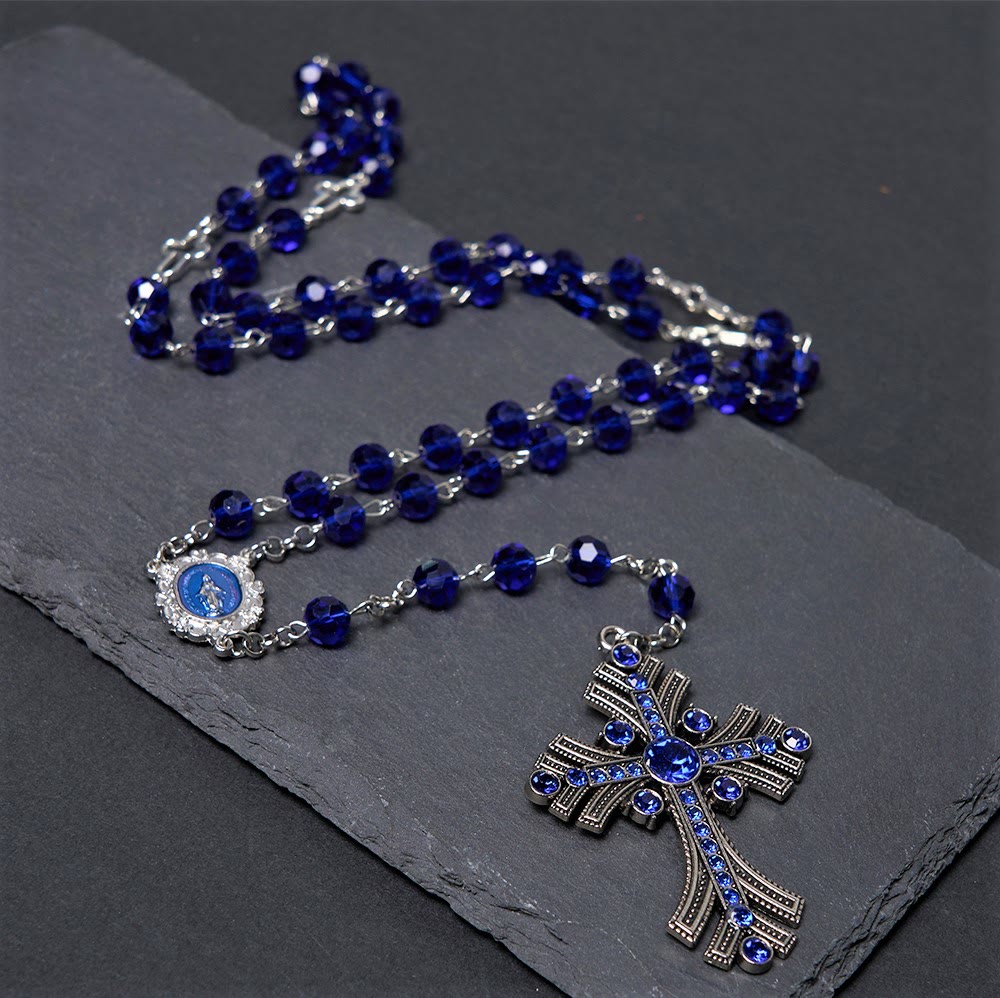 Christianartworkshop Rosario con medalla milagrosa y cruz de poliedro de 8 mm, cadena de aleación de cristal azul. - image 9
