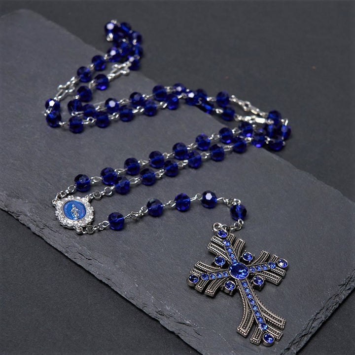 Christianartworkshop Rosario con medalla milagrosa y cruz de poliedro de 8 mm, cadena de aleación de cristal azul. - image 9