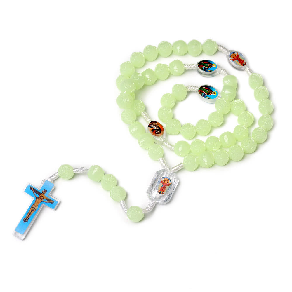 Christianartworkshop Crucifijo de rosario de 10 mm con cordón de nailon y resina verde luminosa rosa - image 1