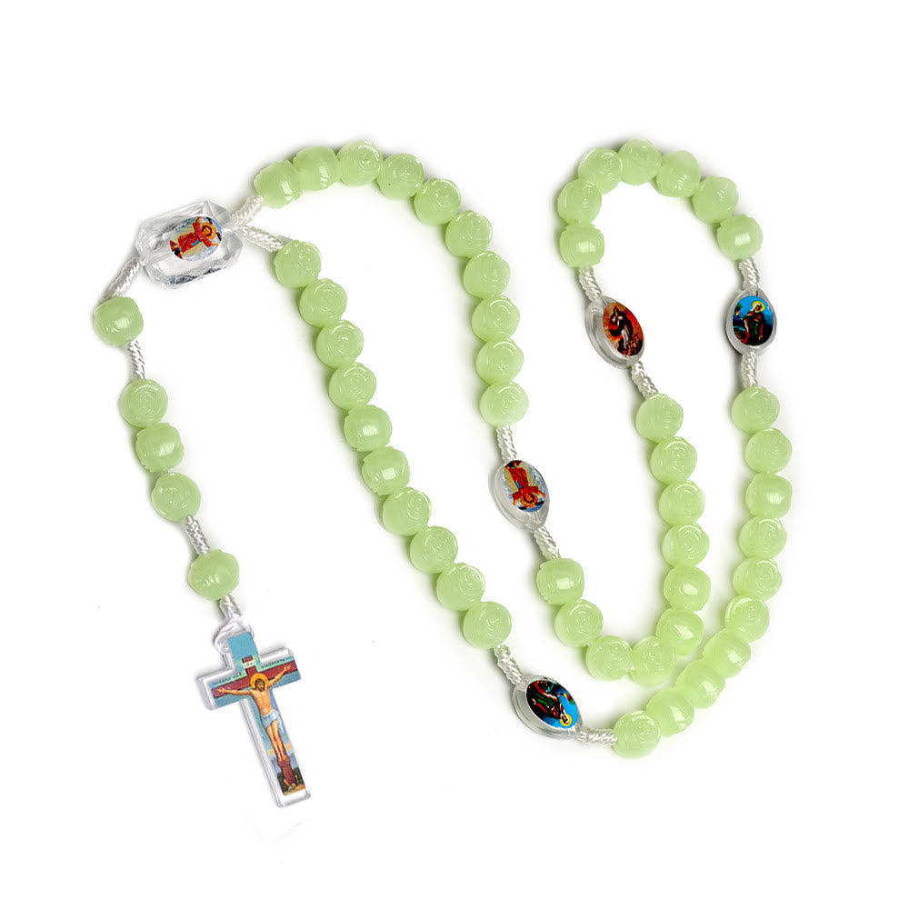 Christianartworkshop Crucifijo de rosario de 10 mm con cordón de nailon y resina verde luminosa rosa - Brillo nocturno - image 0