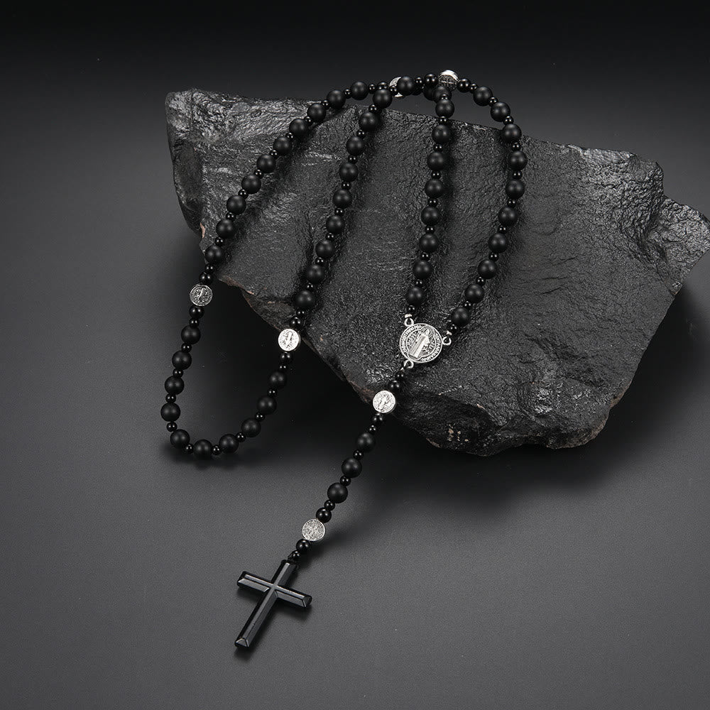 Christianartworkshop Rosario con medalla y cruz de San Benito, redondo, de 8 mm, con cordón de nailon multimaterial negro. - Ágata negra - image 5