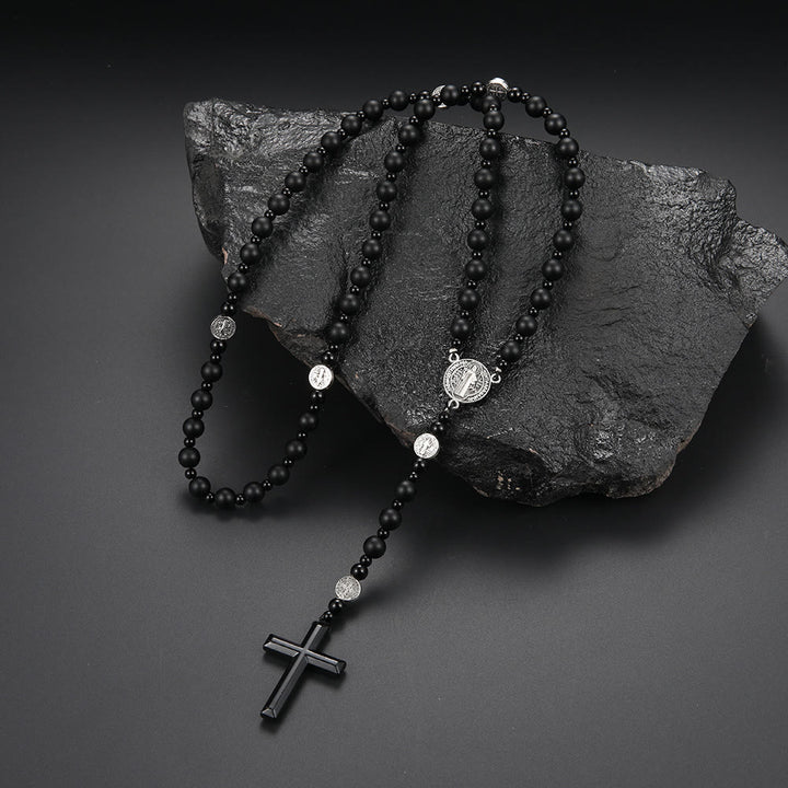 Christianartworkshop Rosario con medalla y cruz de San Benito, redondo, de 8 mm, con cordón de nailon multimaterial negro. - Ágata negra - image 5