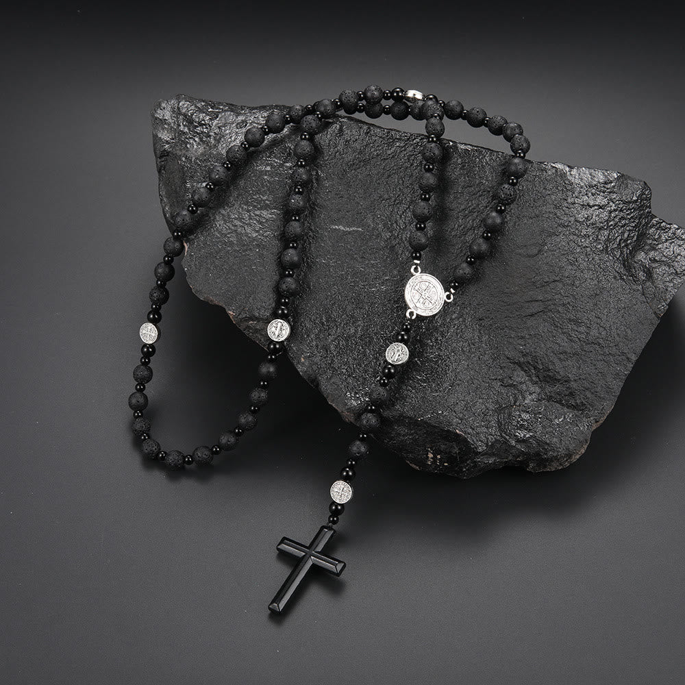 Christianartworkshop Rosario con medalla y cruz de San Benito, redondo, de 8 mm, con cordón de nailon multimaterial negro. - Piedra volcánica - image 3
