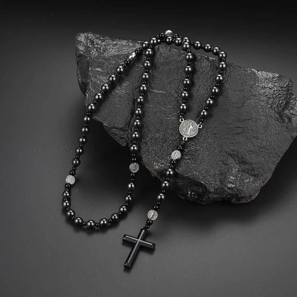 Christianartworkshop Rosario con medalla y cruz de San Benito, redondo, de 8 mm, con cordón de nailon multimaterial negro. - image 1