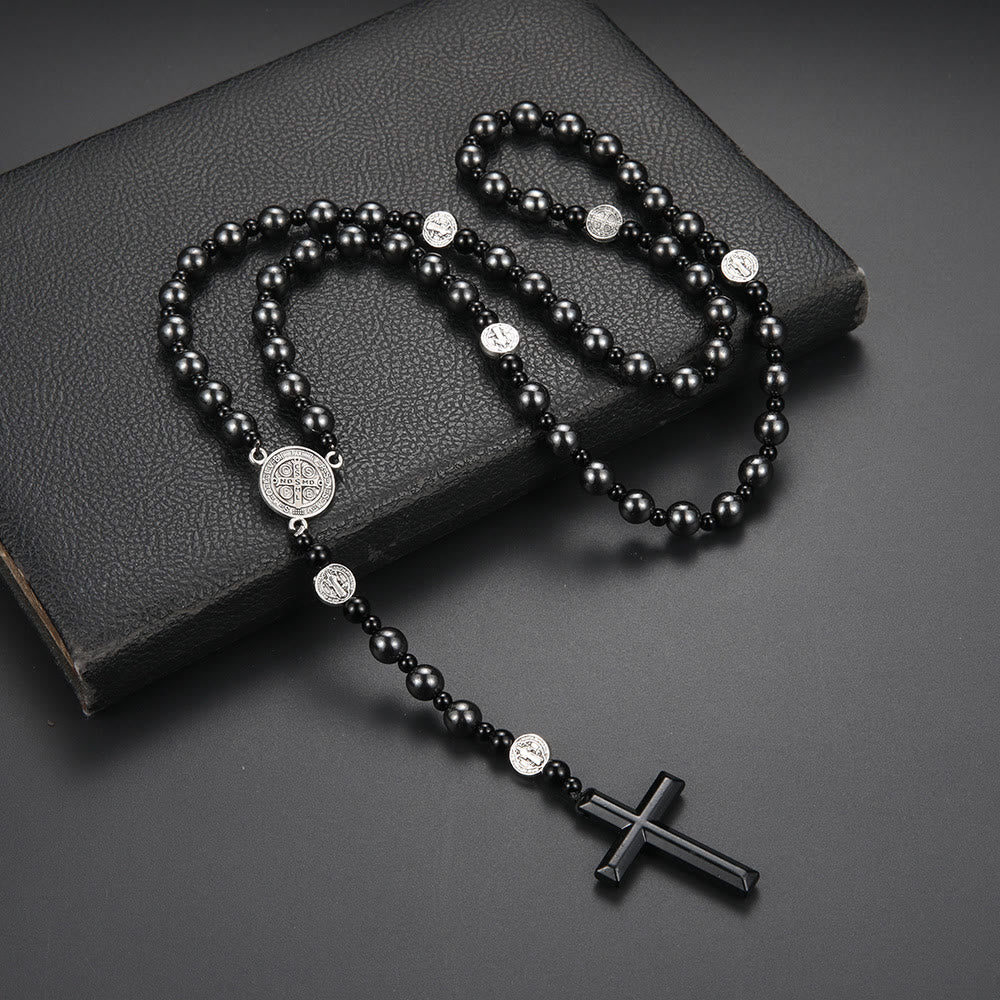 Christianartworkshop Rosario con medalla y cruz de San Benito, redondo, de 8 mm, con cordón de nailon multimaterial negro. - Cruz de cálculos biliares - image 0