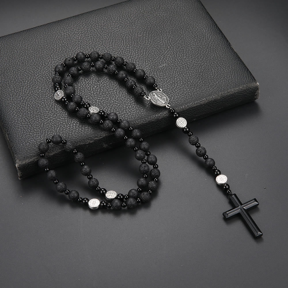 Christianartworkshop Rosario con medalla y cruz de San Benito, redondo, de 8 mm, con cordón de nailon multimaterial negro. - image 4