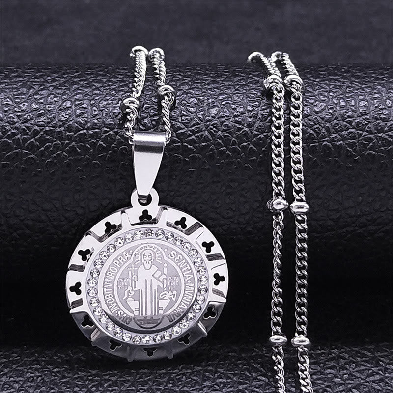 Christianartworkshop Collar con colgante de medalla de San Benito engastada con gemas, estilo retro. - Plata - image 0