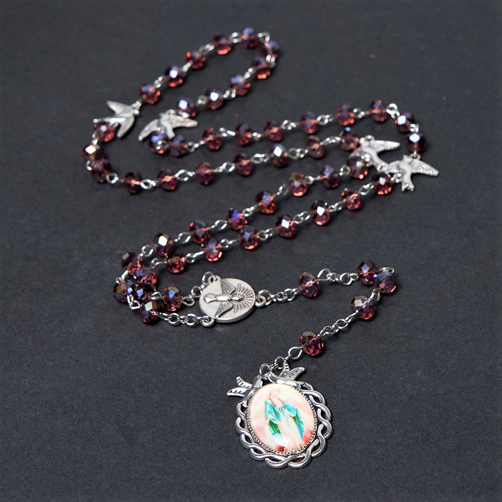 Christianartworkshop Rosario con cadena de aleación de cristal púrpura poliédrico de 6*8 mm del Espíritu Santo y Nuestra Señora de la Gracia - image 0