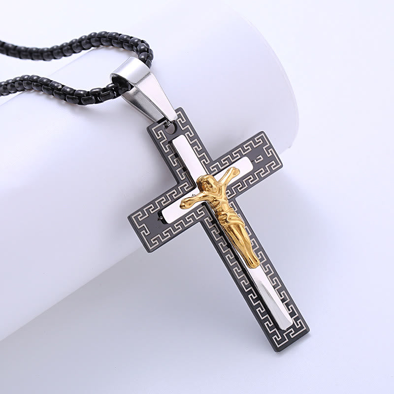 Christianartworkshop Collar de titanio con colgante de crucifijo de triple capa de estilo retro - Negro - image 0