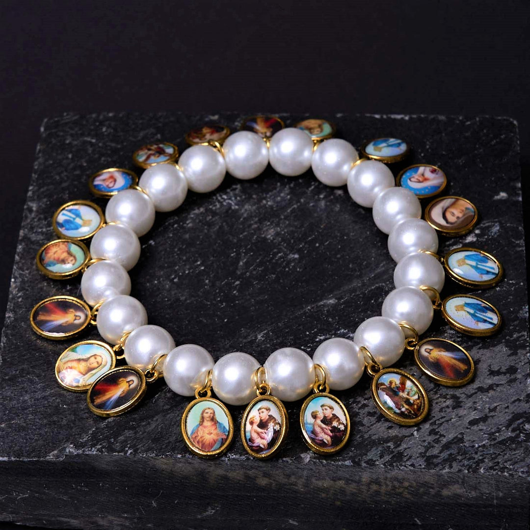 Christianartworkshop Pulsera de perlas con medallas de San Jesucristo y María de estilo retro - image 4