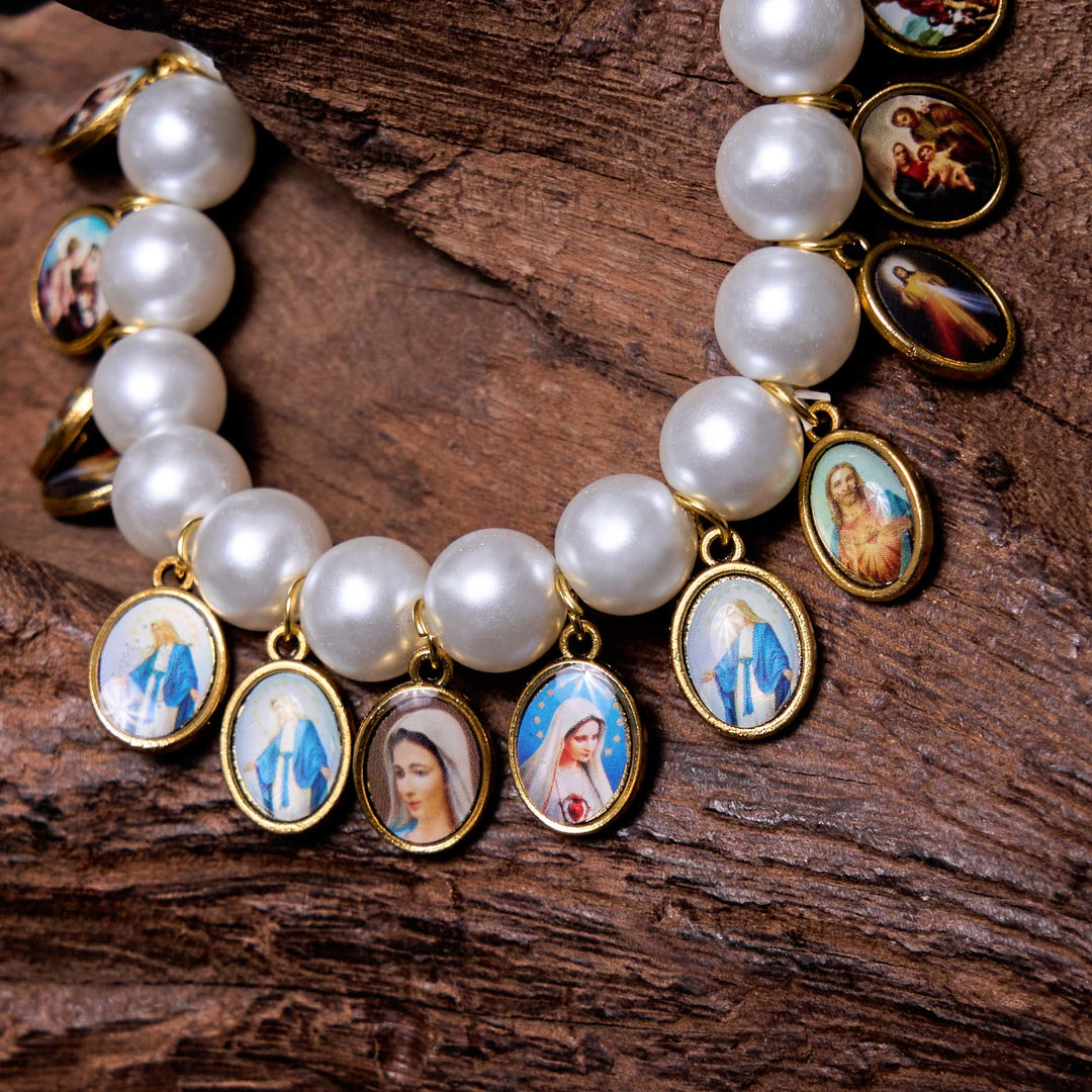 Christianartworkshop Pulsera de perlas con medallas de San Jesucristo y María de estilo retro - image 7