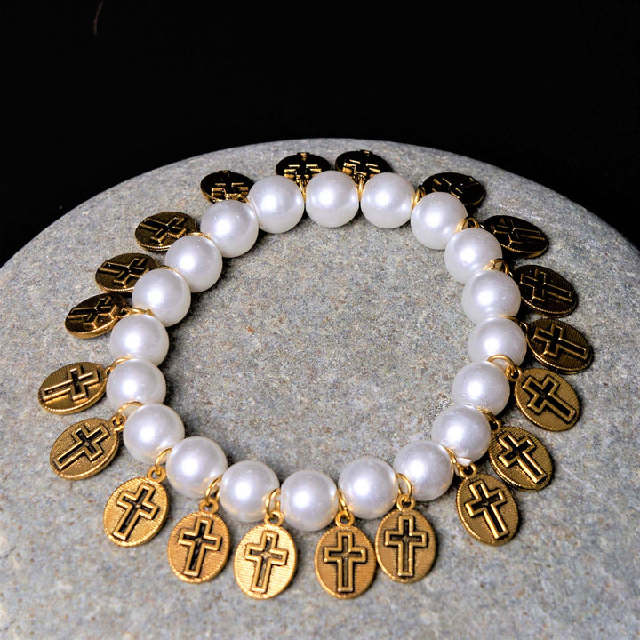 Christianartworkshop Pulsera de perlas con medallas de San Jesucristo y María de estilo retro - image 3