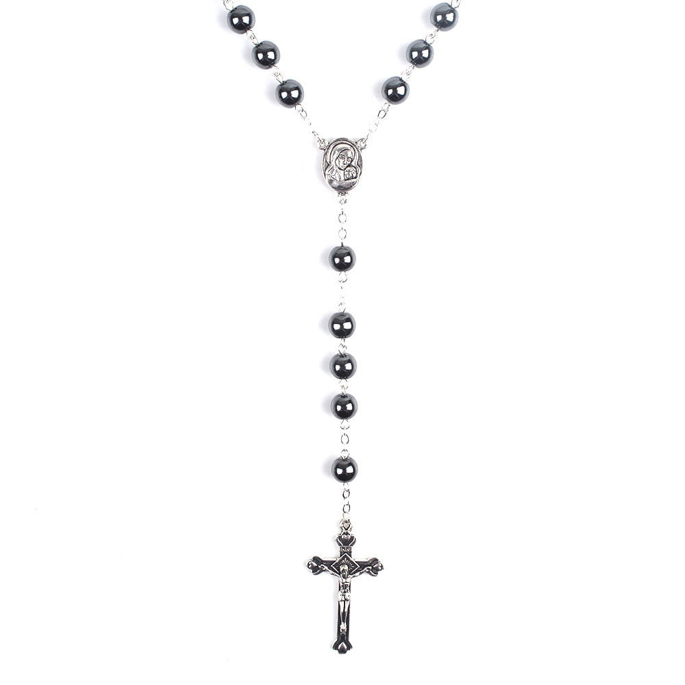 Christianartworkshop Rosario con cadena de aleación de hematita negra redonda de 8 mm, Virgen con el Niño y Crucifijo. - image 3