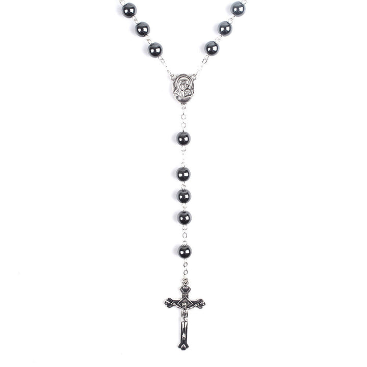 Christianartworkshop Rosario con cadena de aleación de hematita negra redonda de 8 mm, Virgen con el Niño y Crucifijo. - image 3