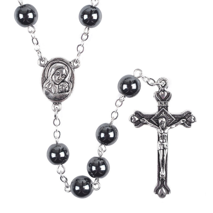 Christianartworkshop Rosario con cadena de aleación de hematita negra redonda de 8 mm, Virgen con el Niño y Crucifijo. - image 1