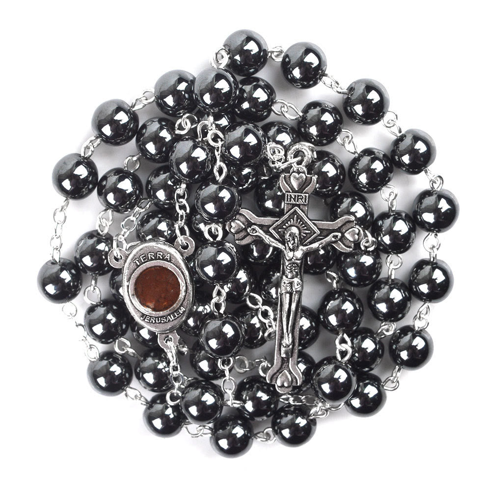 Christianartworkshop Rosario con cadena de aleación de hematita negra redonda de 8 mm, Virgen con el Niño y Crucifijo. - Negro - image 0