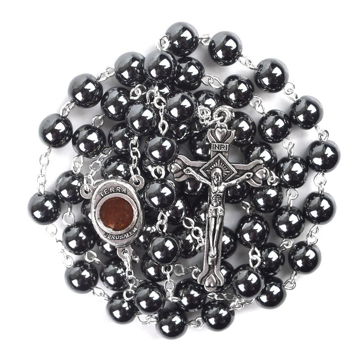 Christianartworkshop Rosario con cadena de aleación de hematita negra redonda de 8 mm, Virgen con el Niño y Crucifijo. - Negro - image 0