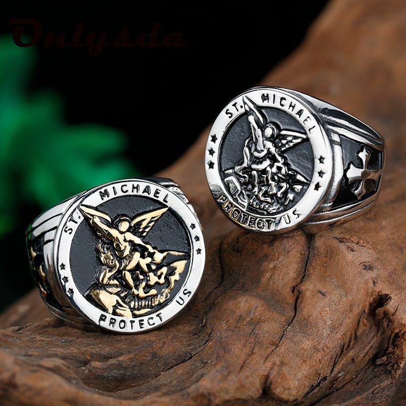 Christianartworkshop Anillo de acero de titanio con el arcángel Miguel de estilo retro - Plata - US 7 - image 0