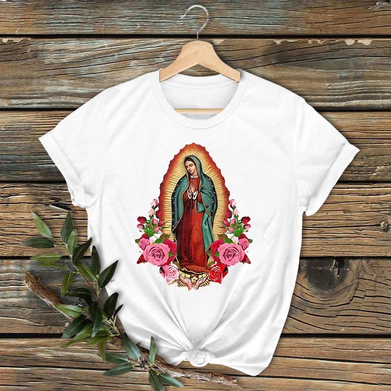 Christianartworkshop Camiseta de manga corta lavada de estilo clásico con estampado de Nuestra Señora de Guadalupe. - Blanco - 2XL - image 0