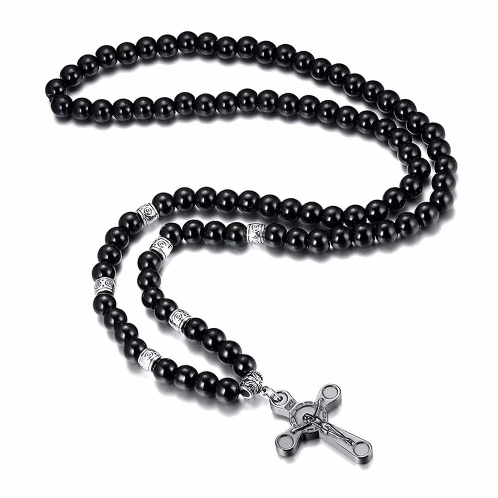 Christianartworkshop Collar con colgante de crucifijo de estilo retro noble con cuentas negras de bilis - image 4