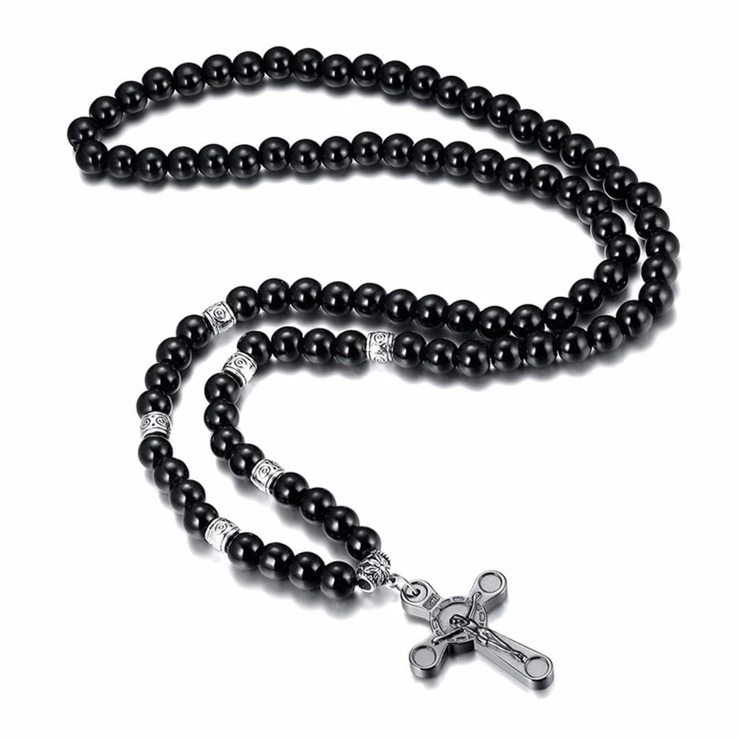 Christianartworkshop Collar con colgante de crucifijo de estilo retro noble con cuentas negras de bilis - image 4