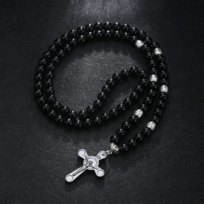 Christianartworkshop Collar con colgante de crucifijo de estilo retro noble con cuentas negras de bilis - image 1