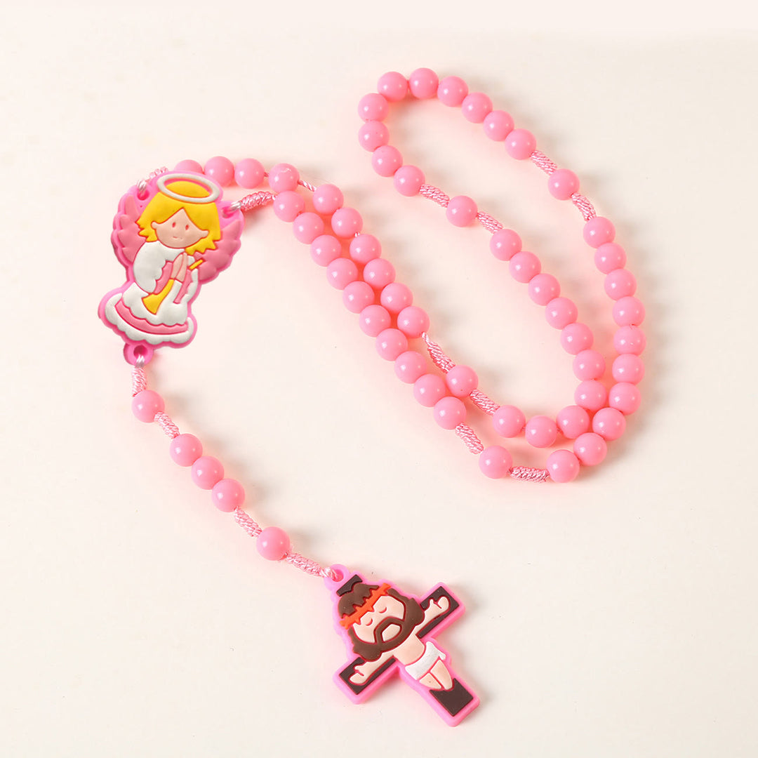 Christianartworkshop Rosario infantil con ángel de la guarda y crucifijo de 8 mm de diámetro, de cordón de nailon acrílico rosa/azul. - Ángel custodio - Rosa - image 0