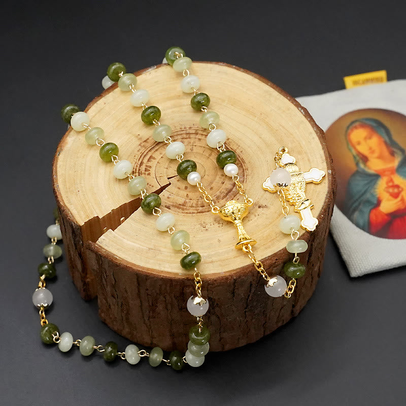 Christianartworkshop Santo Grial y Crucifijo con Eucaristía de Cadena de Aleación de Calcedonia Verde Redonda de 5*8 mm Rosario - Calcedonia verde - image 0