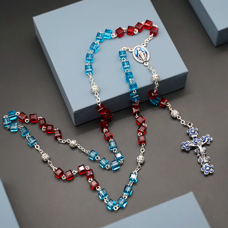 Christianartworkshop Rosario con medalla milagrosa y crucifijo de 6 mm, de aleación de cristal multicolor y cadena. - Azul y rojo - image 0