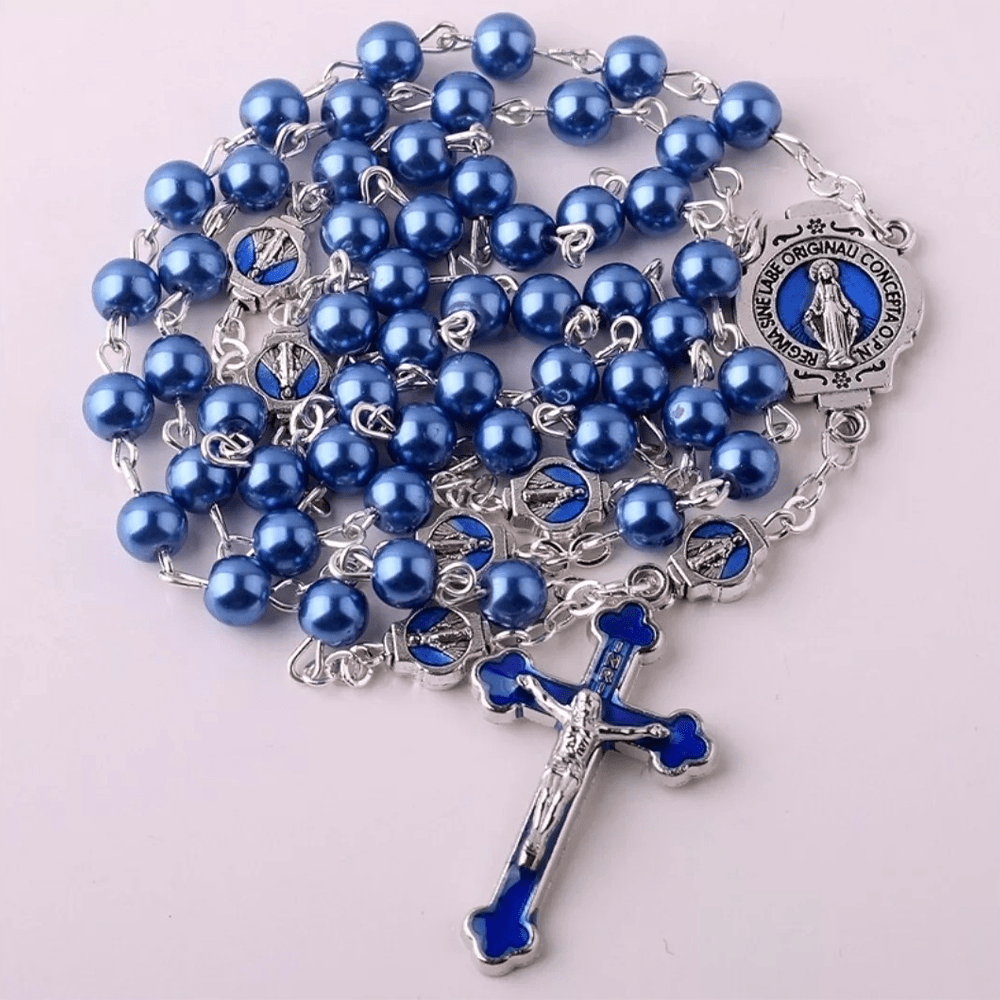 Christianartworkshop Rosario con medalla milagrosa y crucifijo de cristal azul redondo de 6 mm y cadena de aleación. - image 3