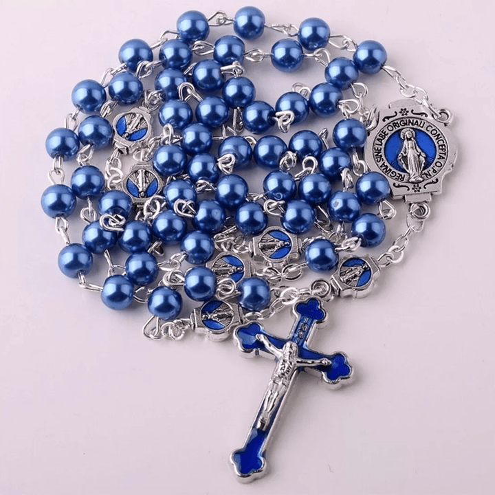 Christianartworkshop Rosario con medalla milagrosa y crucifijo de cristal azul redondo de 6 mm y cadena de aleación. - image 3