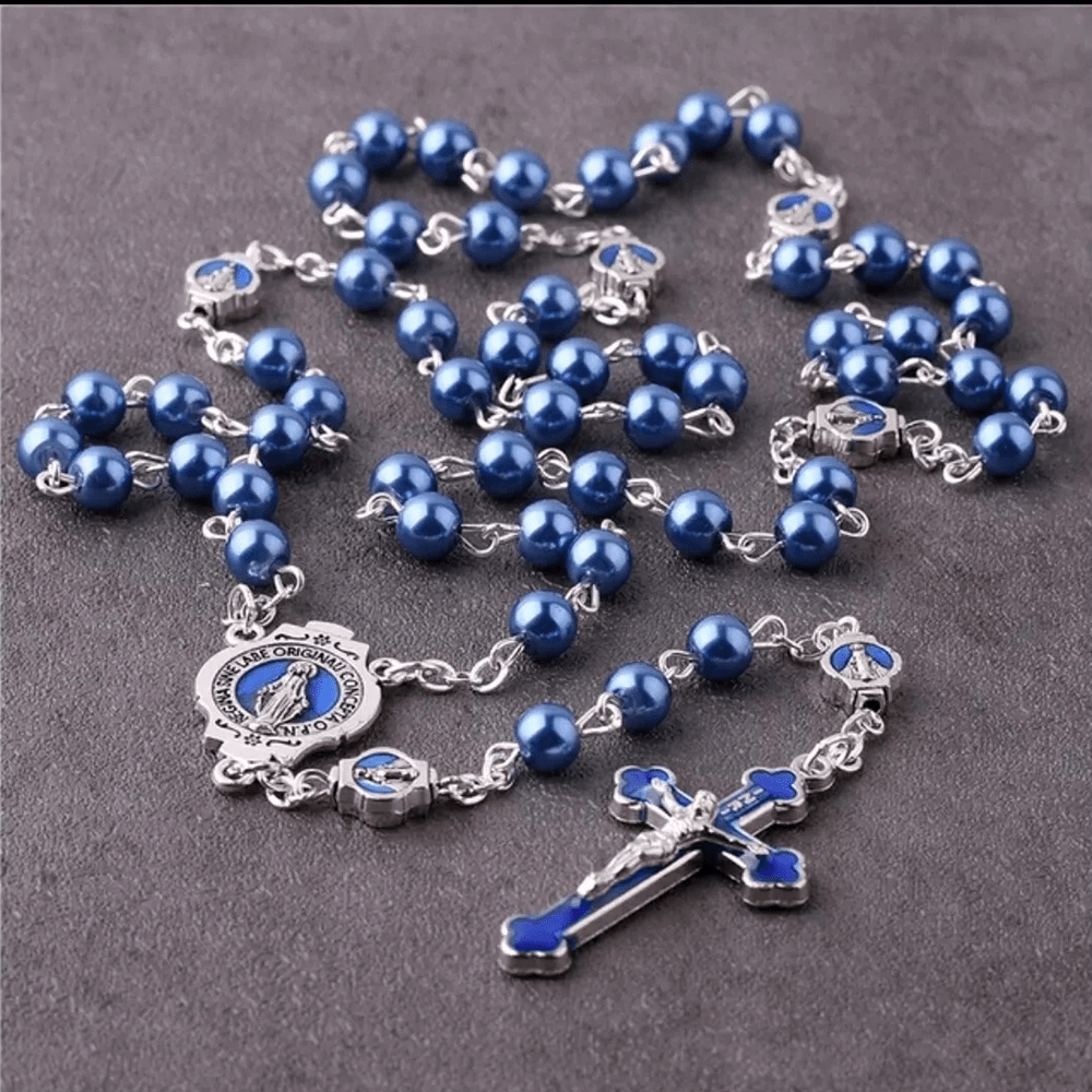 Christianartworkshop Rosario con medalla milagrosa y crucifijo de cristal azul redondo de 6 mm y cadena de aleación. - image 2