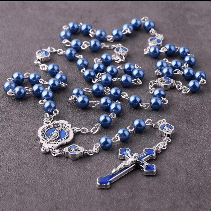 Christianartworkshop Rosario con medalla milagrosa y crucifijo de cristal azul redondo de 6 mm y cadena de aleación. - image 2